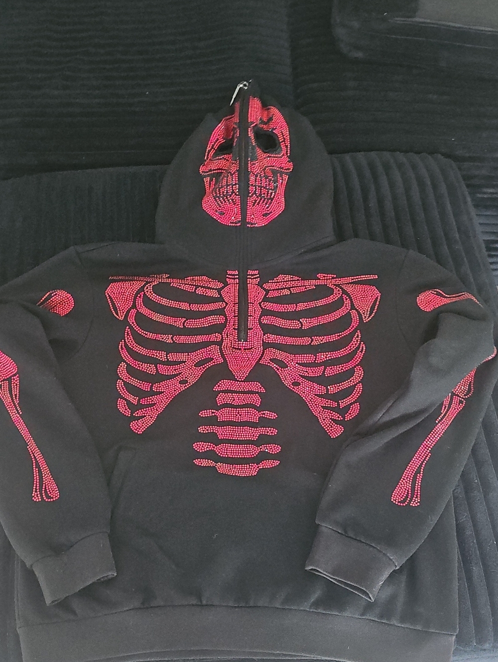 Black Halloween Skull & Ribcage Hoodie with Red Graphic